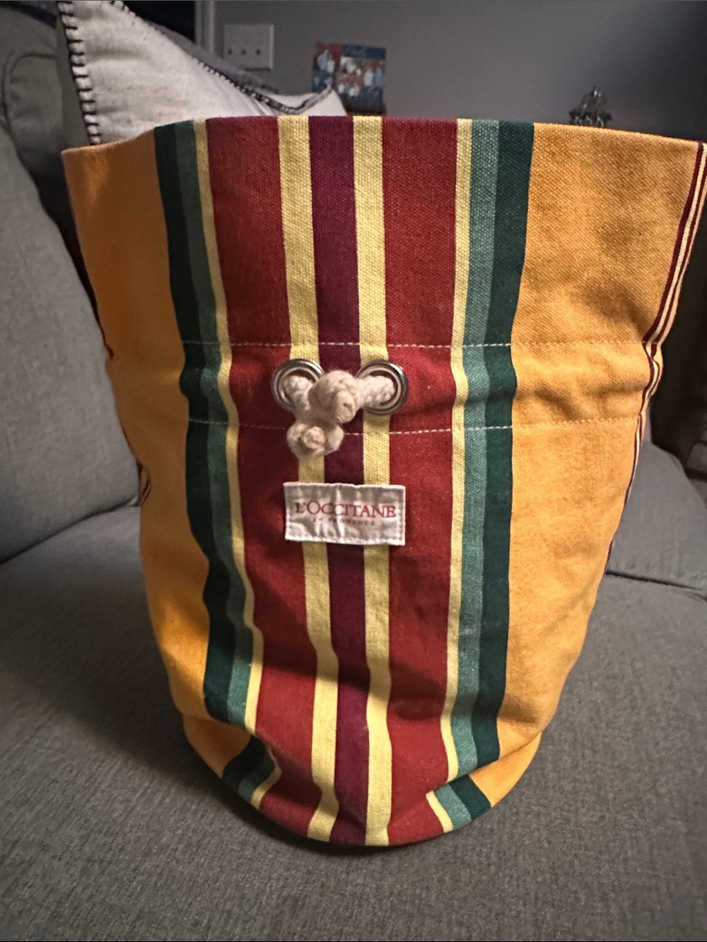 L'OCCITANE Red, Yellow & Burgundy Striped Drawstring Pouch Bucket Bag - Picture 5 of 9